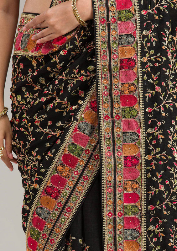 Black Threadwork Soft Raw Silk Saree