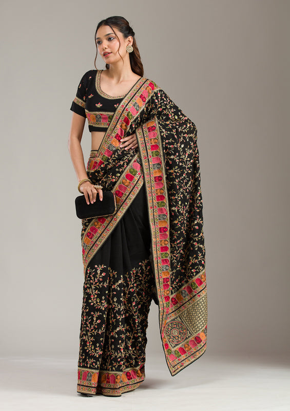 Black Threadwork Soft Raw Silk Saree