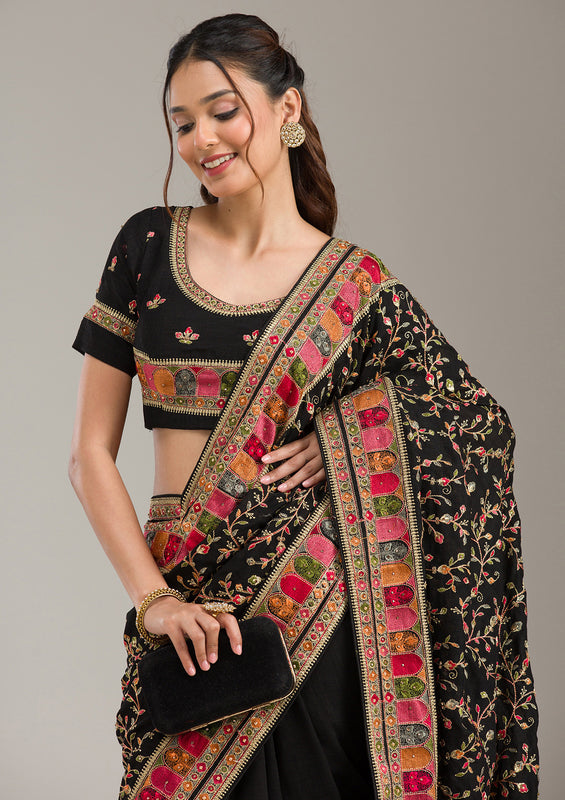 Black Threadwork Soft Raw Silk Saree