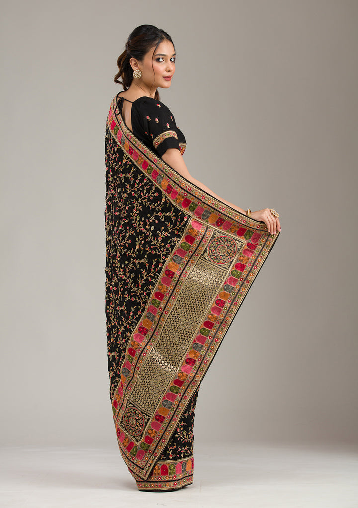 Black Georgette Gold Zariwork Saree With Matching Blouse Piece