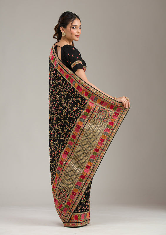 Black Threadwork Soft Raw Silk Saree