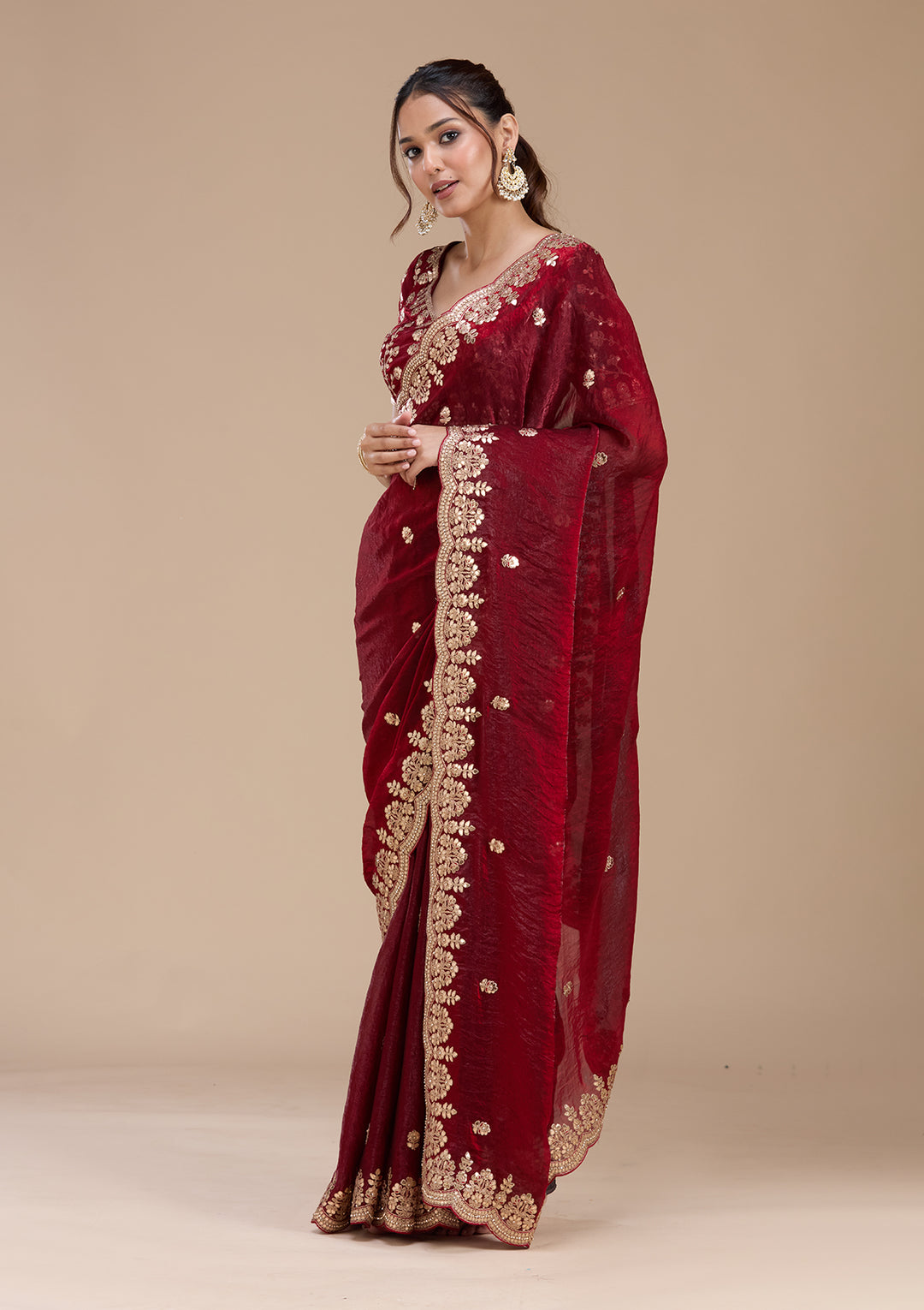 Maroon Tissue Gotapatti Saree With Matching Blouse Piece
