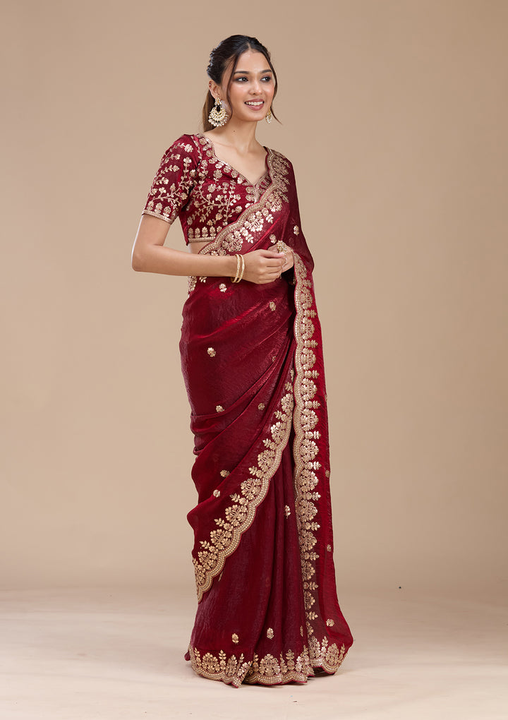 Maroon Tissue Gotapatti Saree With Matching Blouse Piece