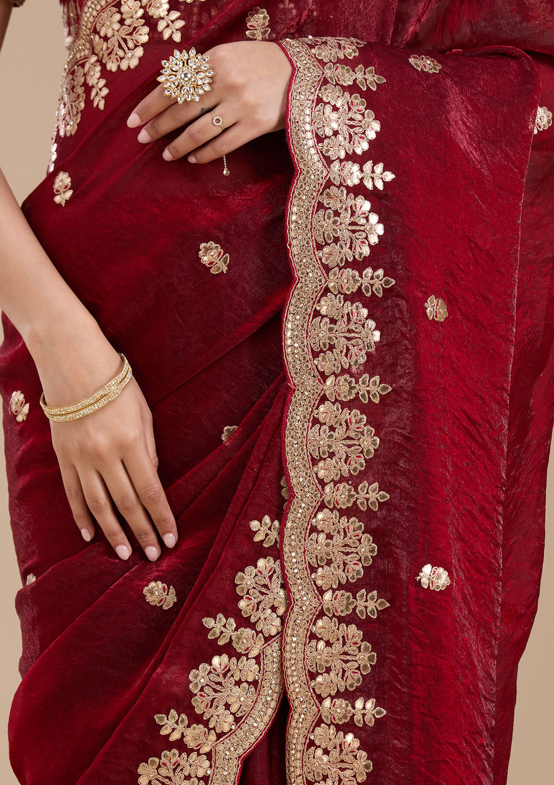 Maroon Tissue Gotapatti Saree With Matching Blouse Piece