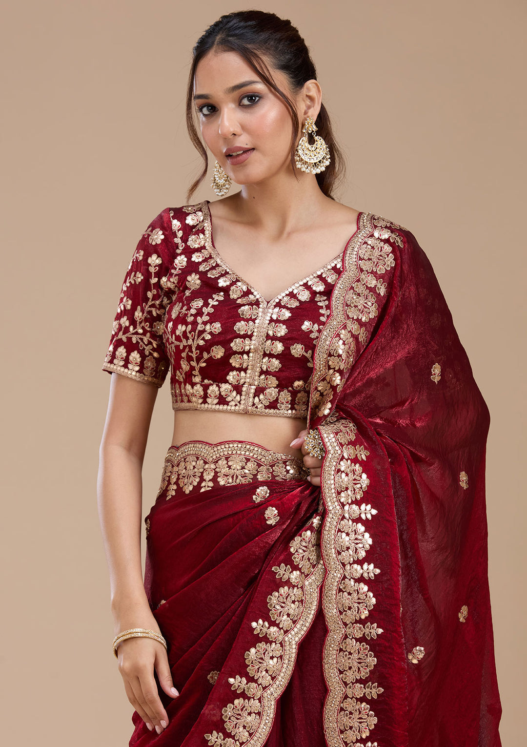 Maroon Tissue Gotapatti Saree With Matching Blouse Piece