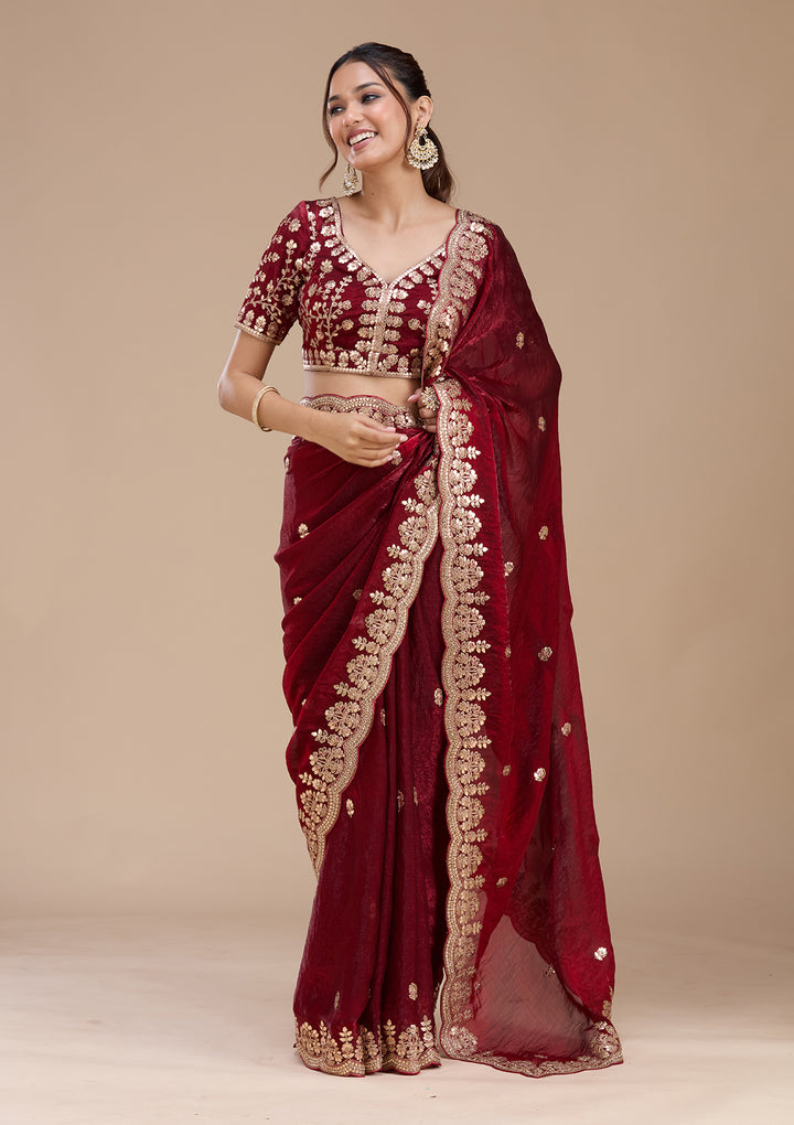 Maroon Tissue Gotapatti Saree With Matching Blouse Piece
