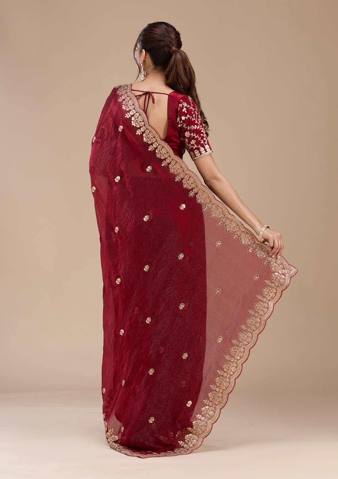 Maroon Tissue Gotapatti Saree With Matching Blouse Piece