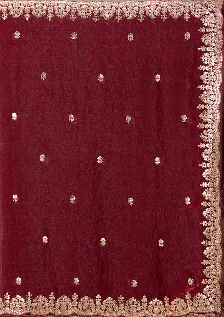 Maroon Tissue Gotapatti Saree With Matching Blouse Piece