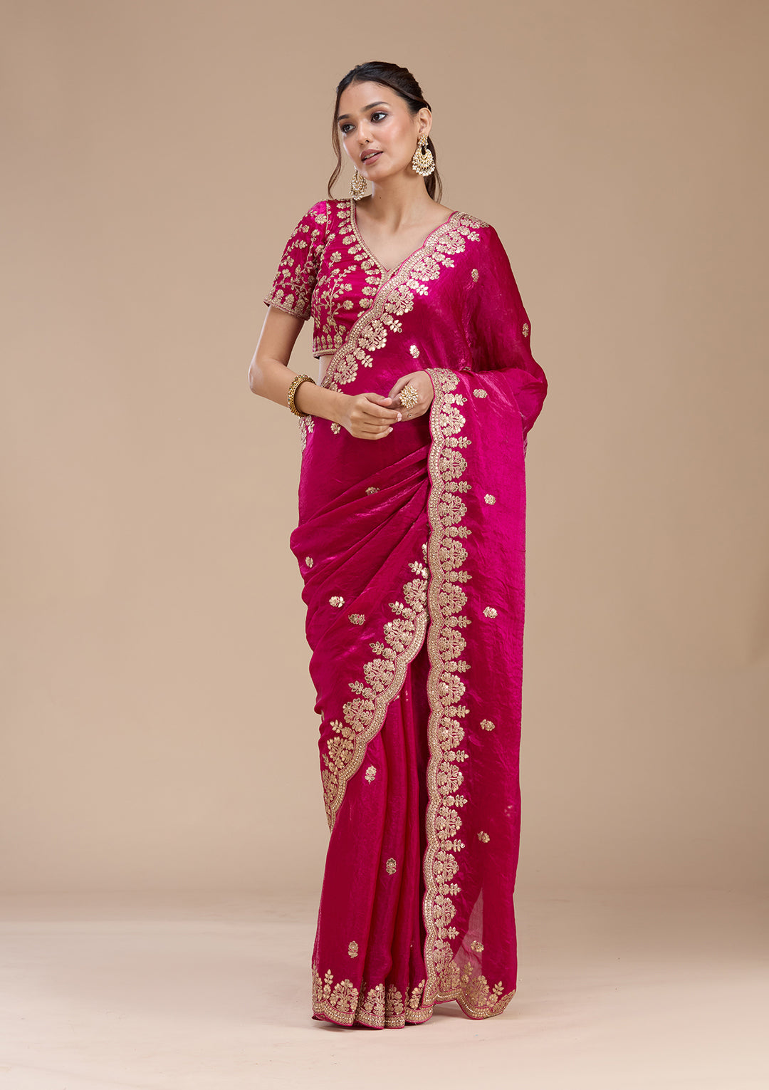 Rani Pink Tissue Gotapatti Saree With Matching Blouse Piece