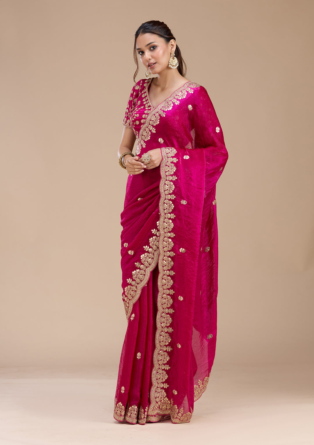 Rani Pink Tissue Gotapatti Saree With Matching Blouse Piece