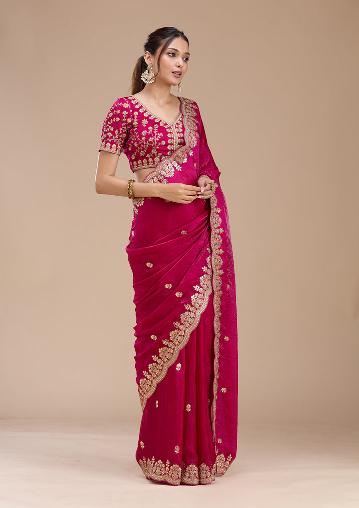Rani Pink Tissue Gotapatti Saree With Matching Blouse Piece