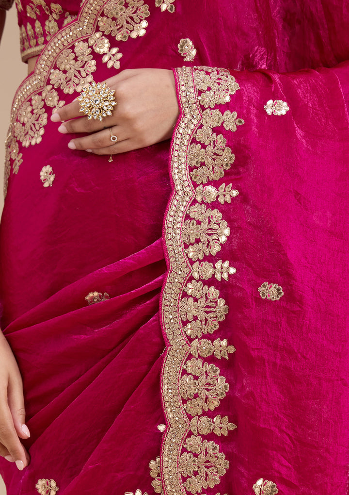 Rani Pink Tissue Gotapatti Saree With Matching Blouse Piece