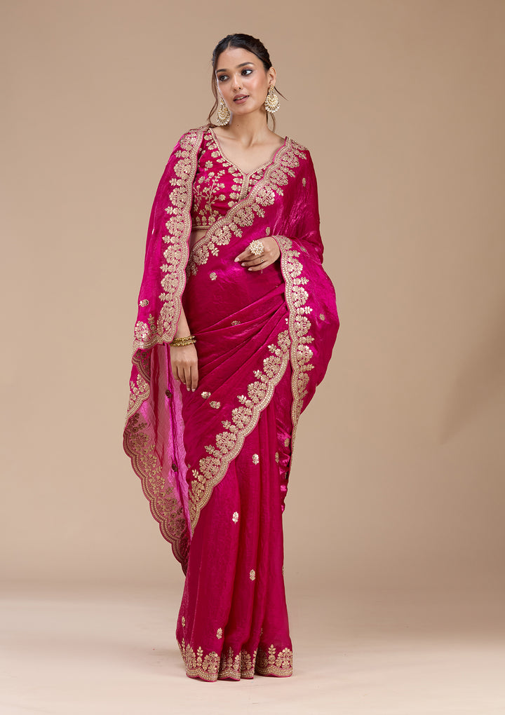 Rani Pink Tissue Gotapatti Saree With Matching Blouse Piece