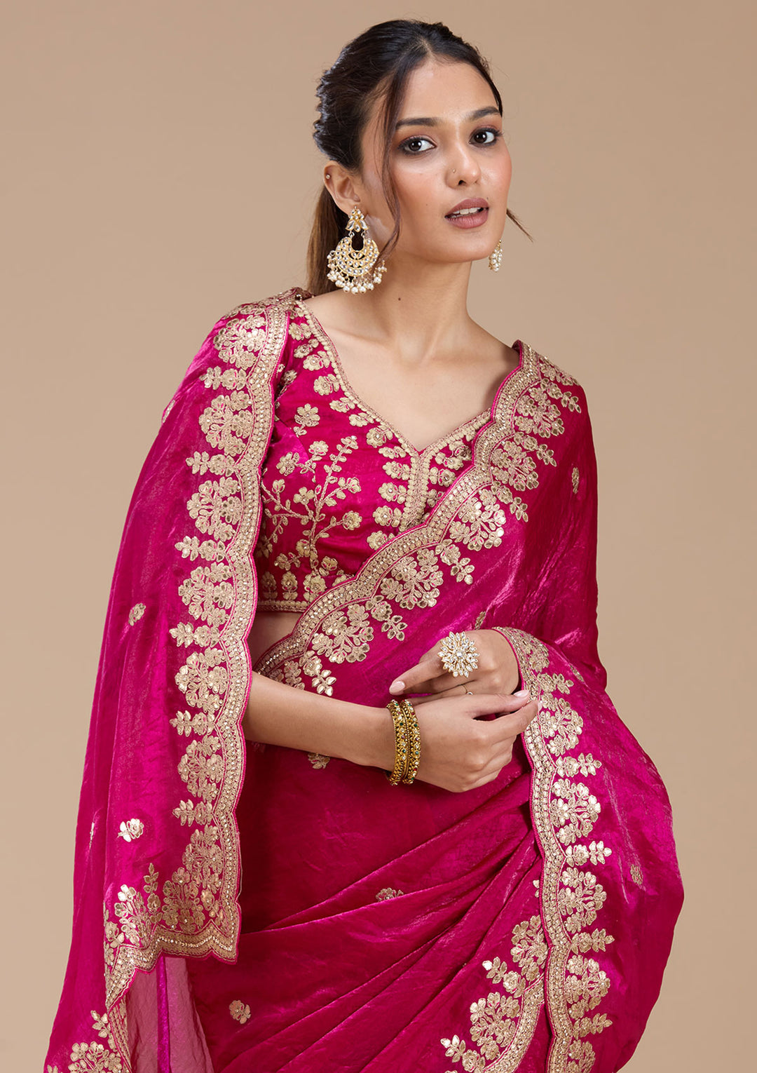Rani Pink Tissue Gotapatti Saree With Matching Blouse Piece