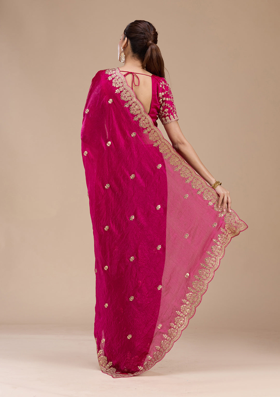 Rani Pink Tissue Gotapatti Saree With Matching Blouse Piece