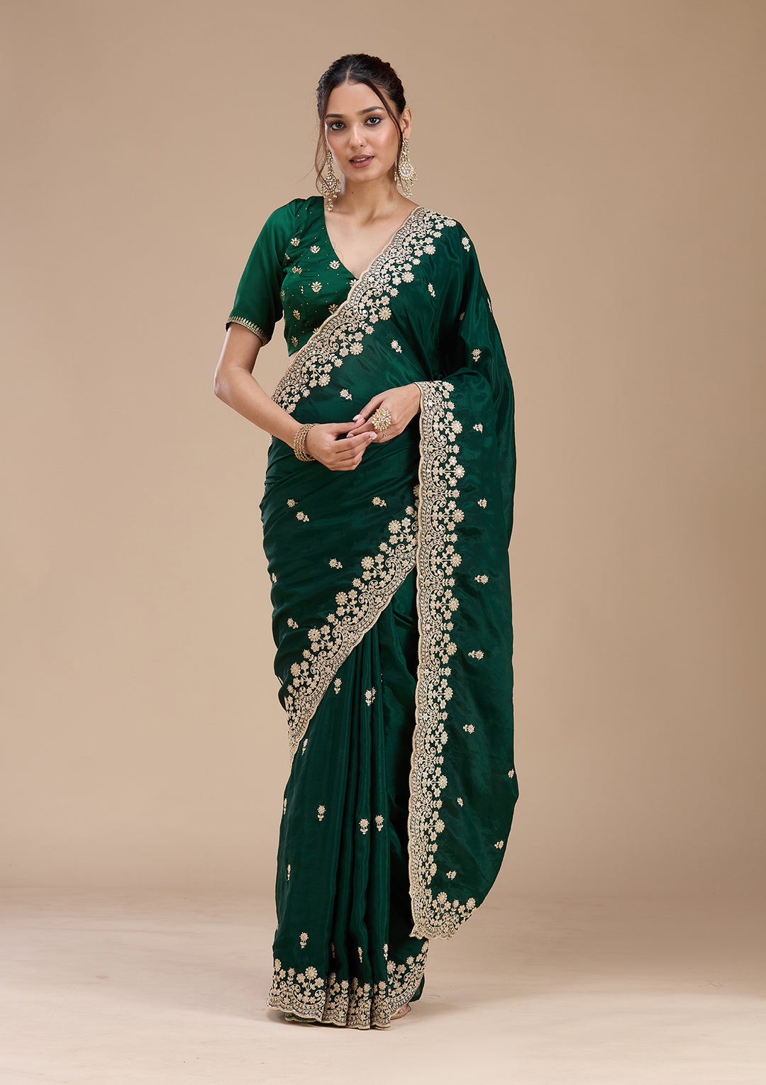 Bottle Green Cording Tissue Saree