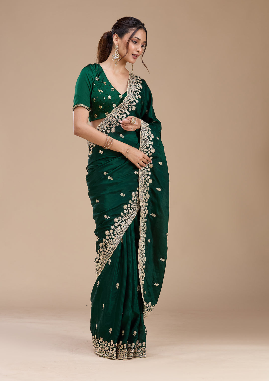Bottle Green Cording Tissue Saree