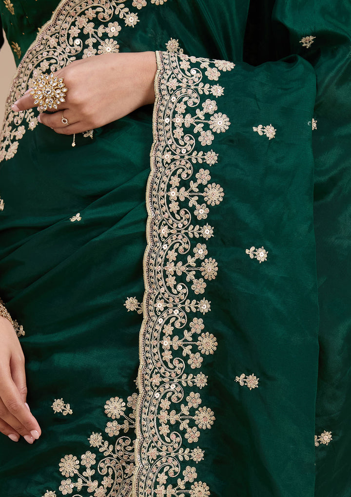 Bottle Green Cording Tissue Saree