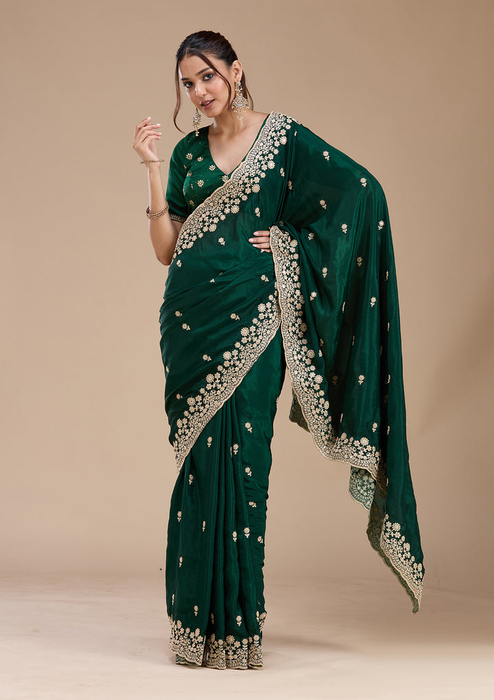 Bottle Green Cording Tissue Saree
