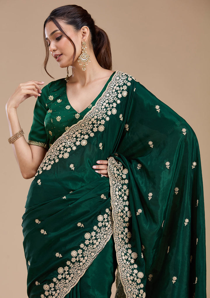 Bottle Green Cording Tissue Saree