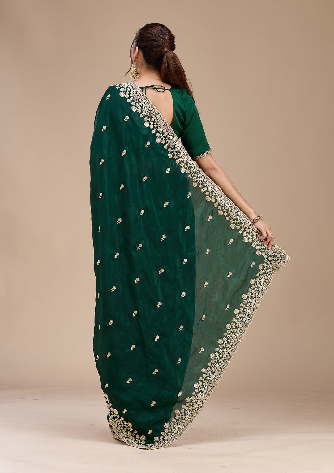 Bottle Green Cording Tissue Saree