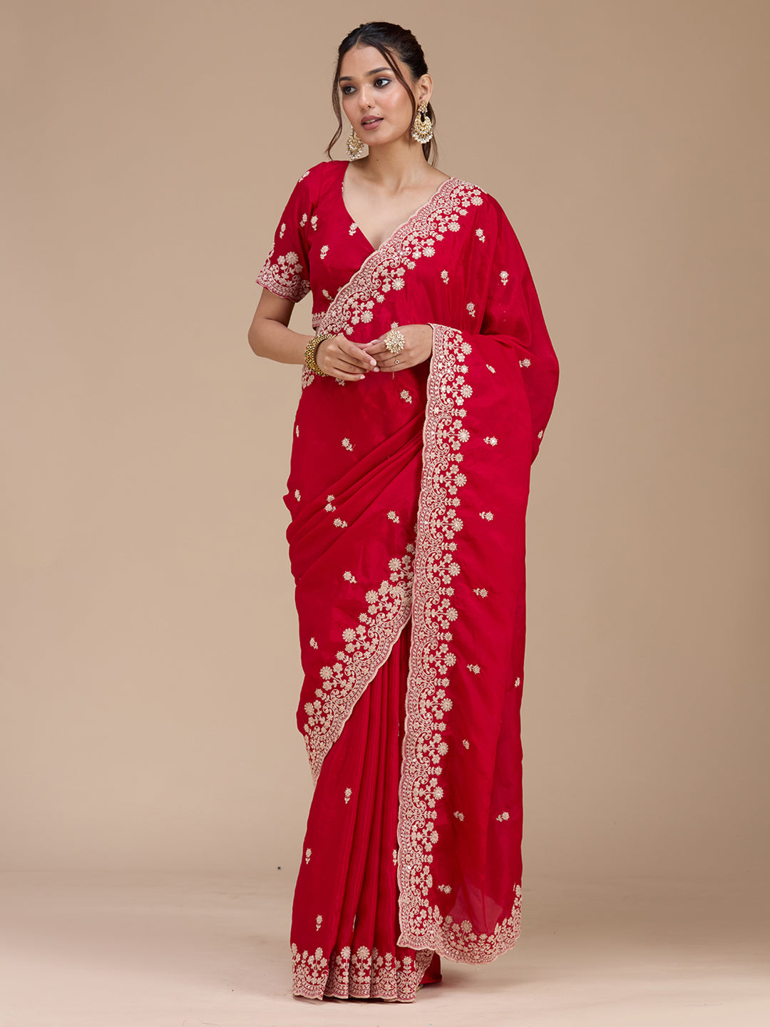 Red Tissue Cording Saree With Matching Blouse Piece