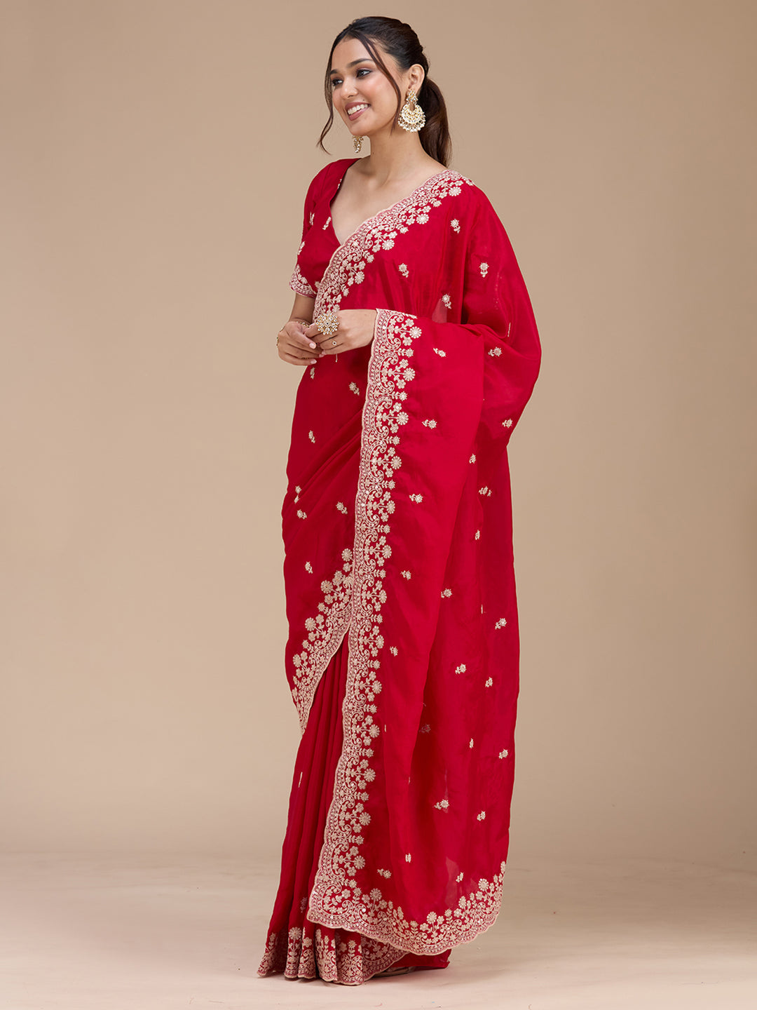 Red Tissue Cording Saree With Matching Blouse Piece