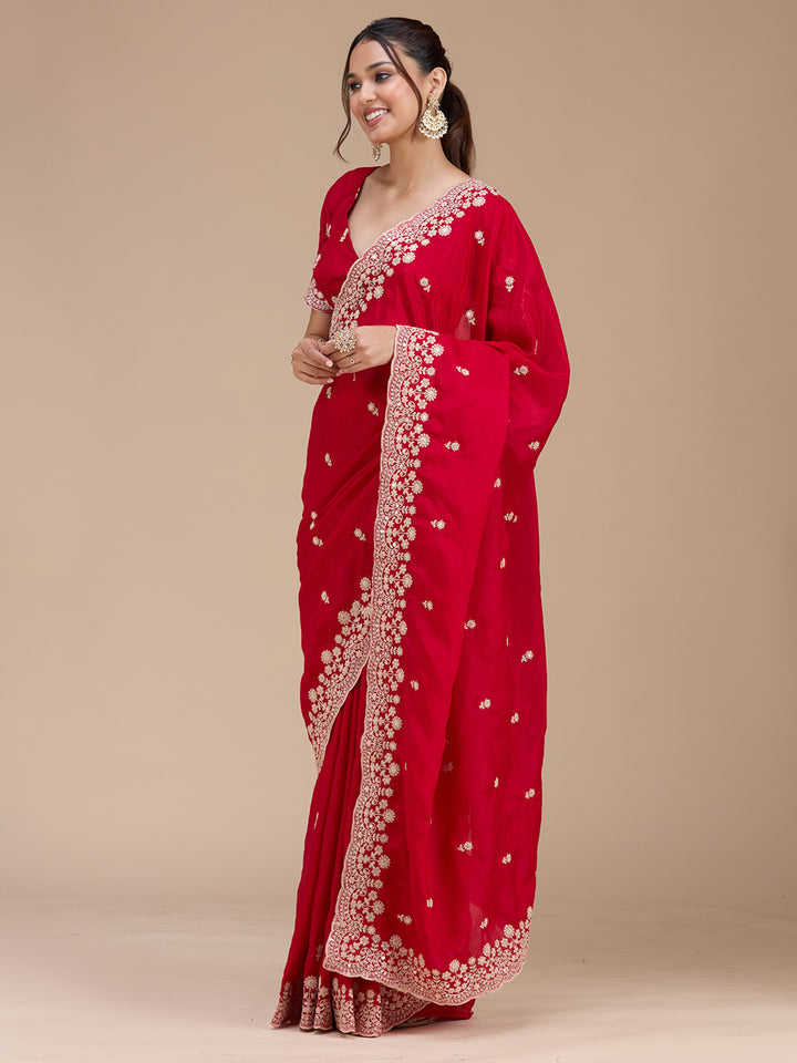 Red Tissue Cording Saree With Matching Blouse Piece
