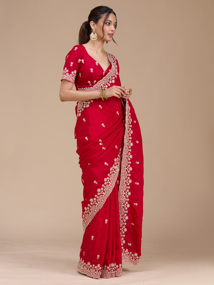 Red Tissue Cording Saree With Matching Blouse Piece