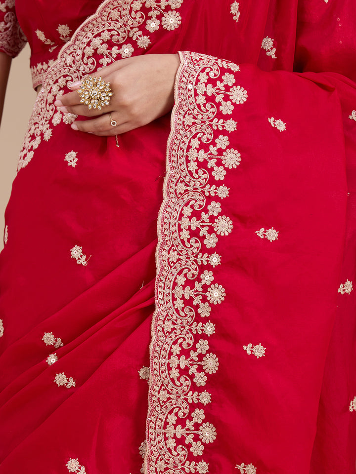 Red Tissue Cording Saree With Matching Blouse Piece