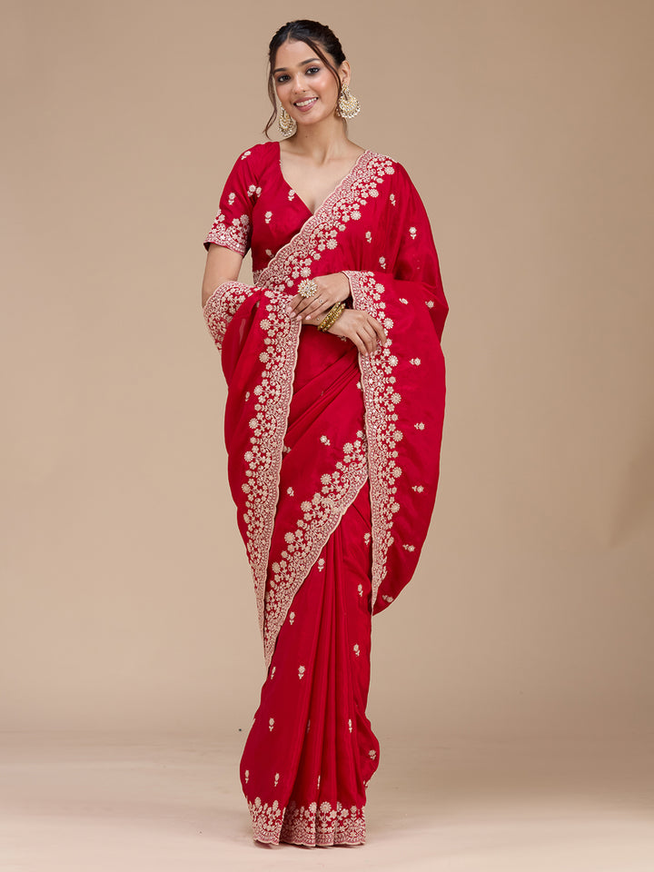 Red Tissue Cording Saree With Matching Blouse Piece