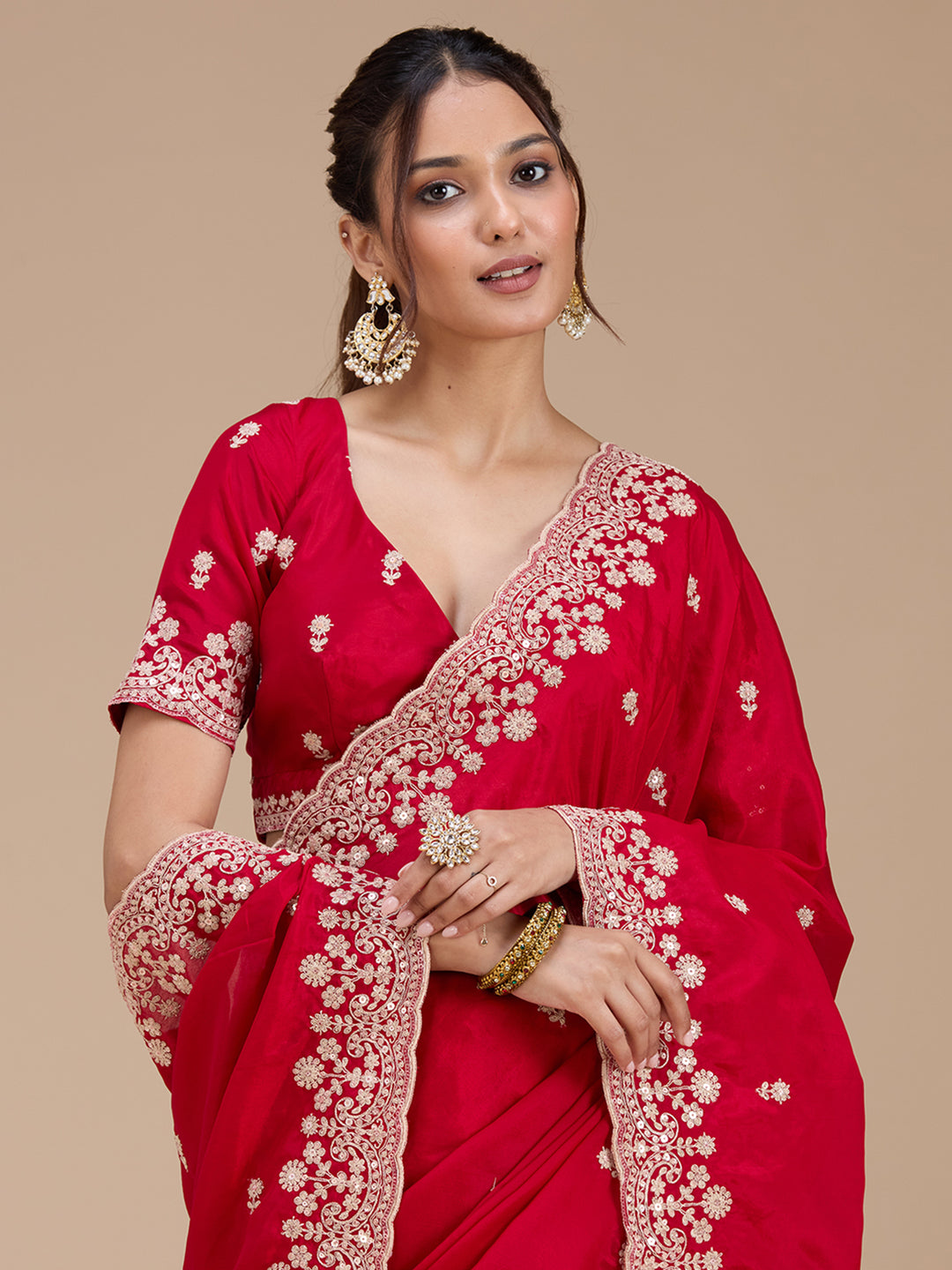 Red Tissue Cording Saree With Matching Blouse Piece