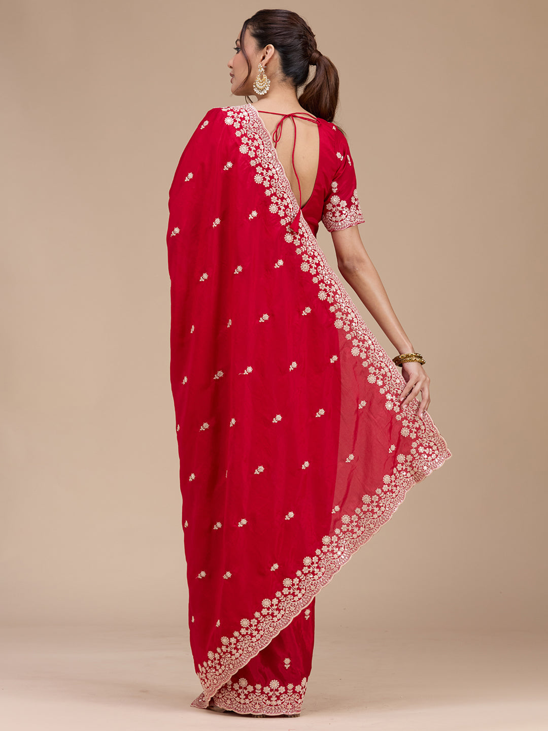 Red Tissue Cording Saree With Matching Blouse Piece