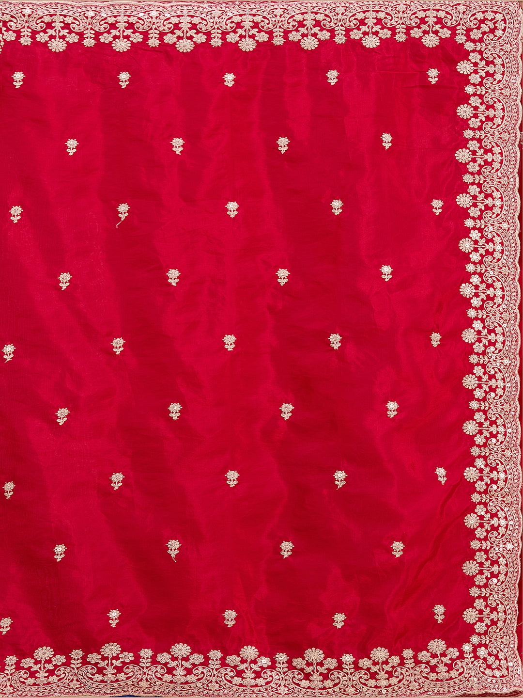 Red Tissue Cording Saree With Matching Blouse Piece