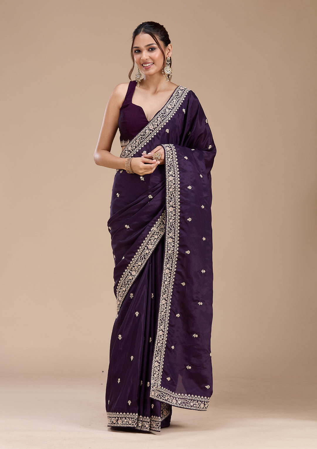 Purple Satin Cording Saree With Matching Blouse Piece