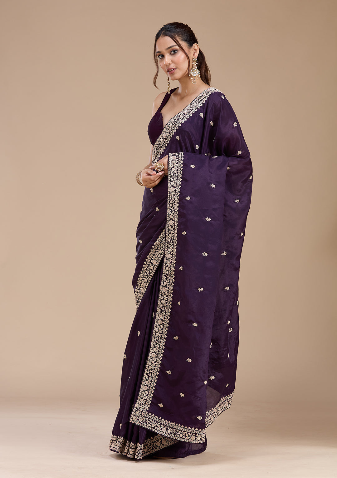 Purple Satin Cording Saree With Matching Blouse Piece