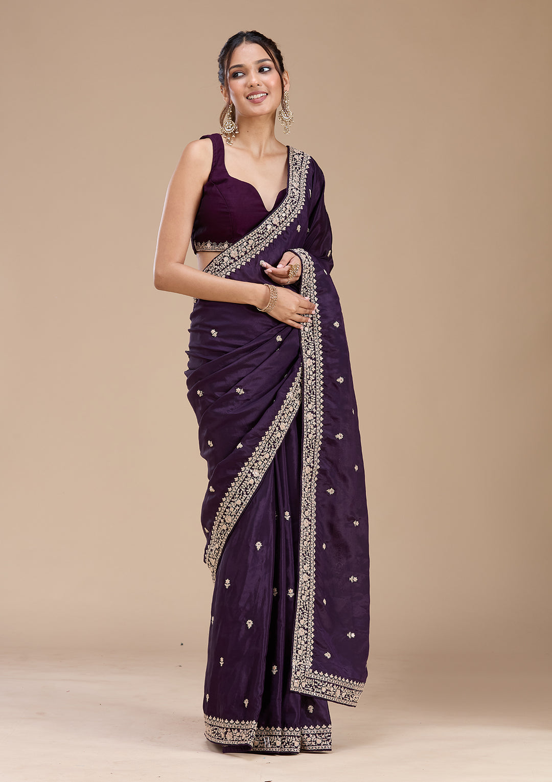 Purple Satin Cording Saree With Matching Blouse Piece