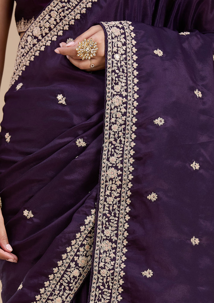 Purple Satin Cording Saree With Matching Blouse Piece