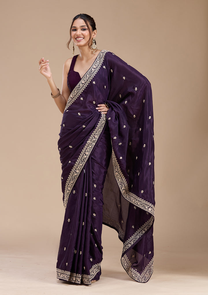 Purple Satin Cording Saree With Matching Blouse Piece