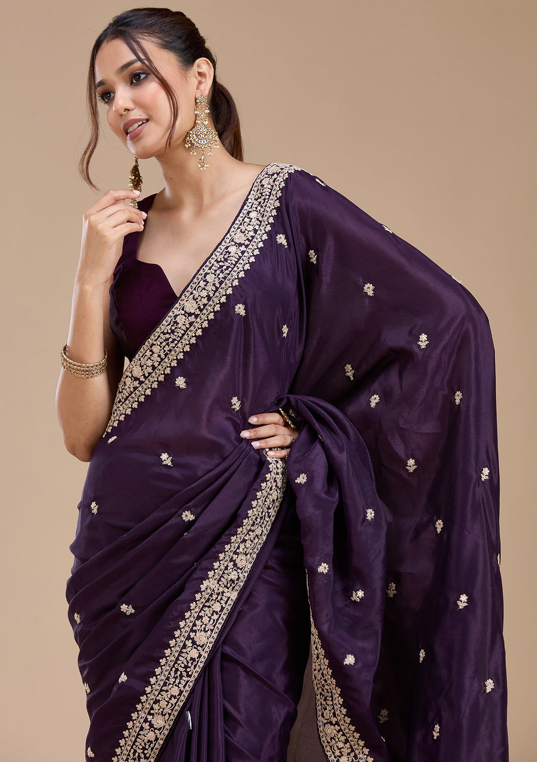 Purple Satin Cording Saree With Matching Blouse Piece
