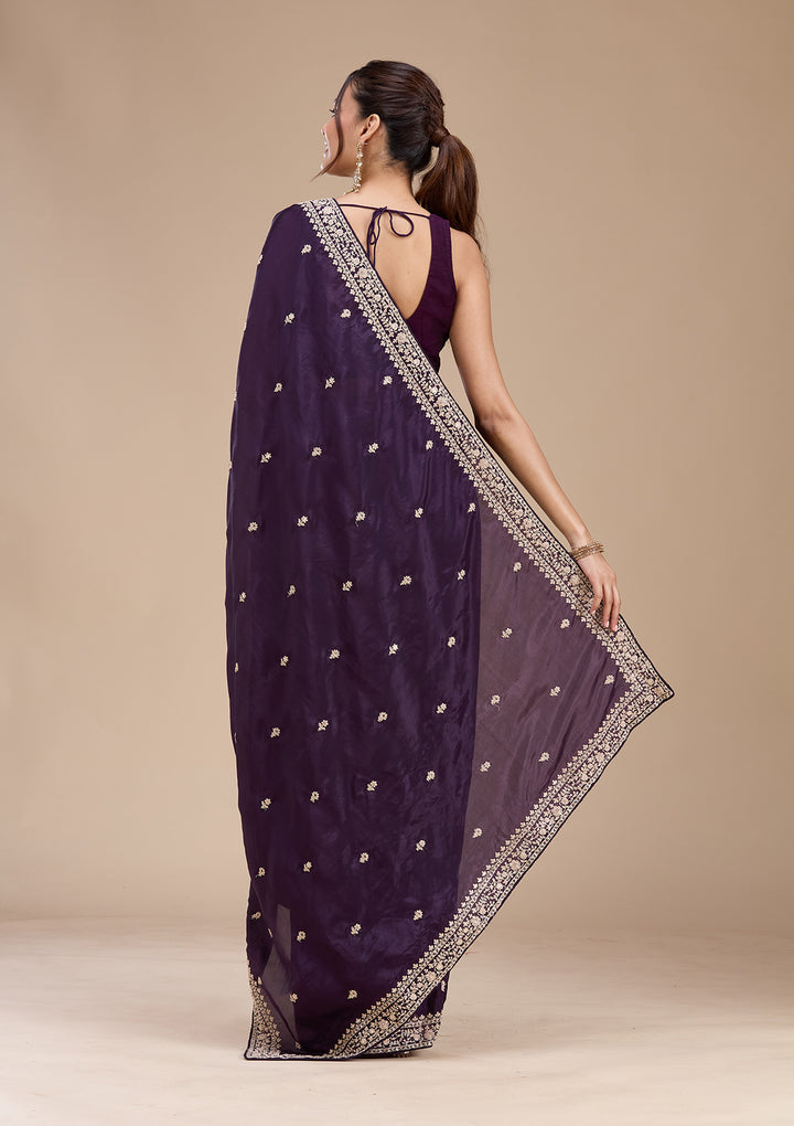 Purple Satin Cording Saree With Matching Blouse Piece