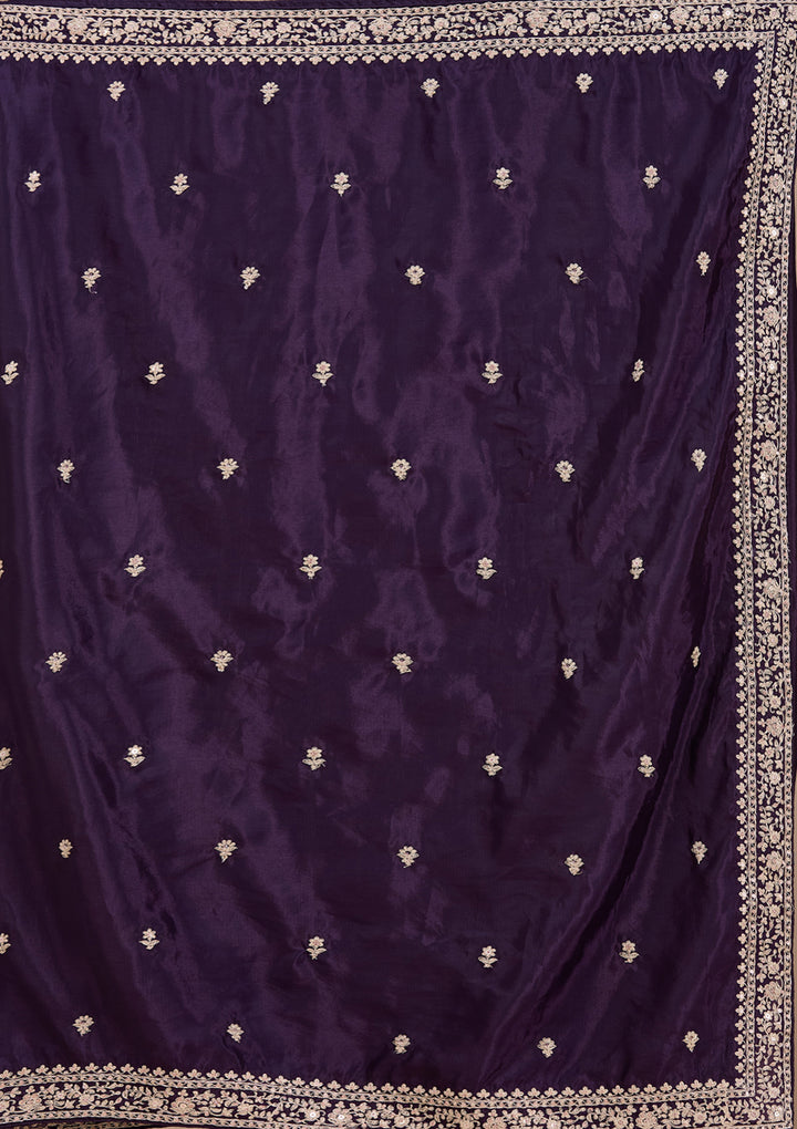 Purple Satin Cording Saree With Matching Blouse Piece