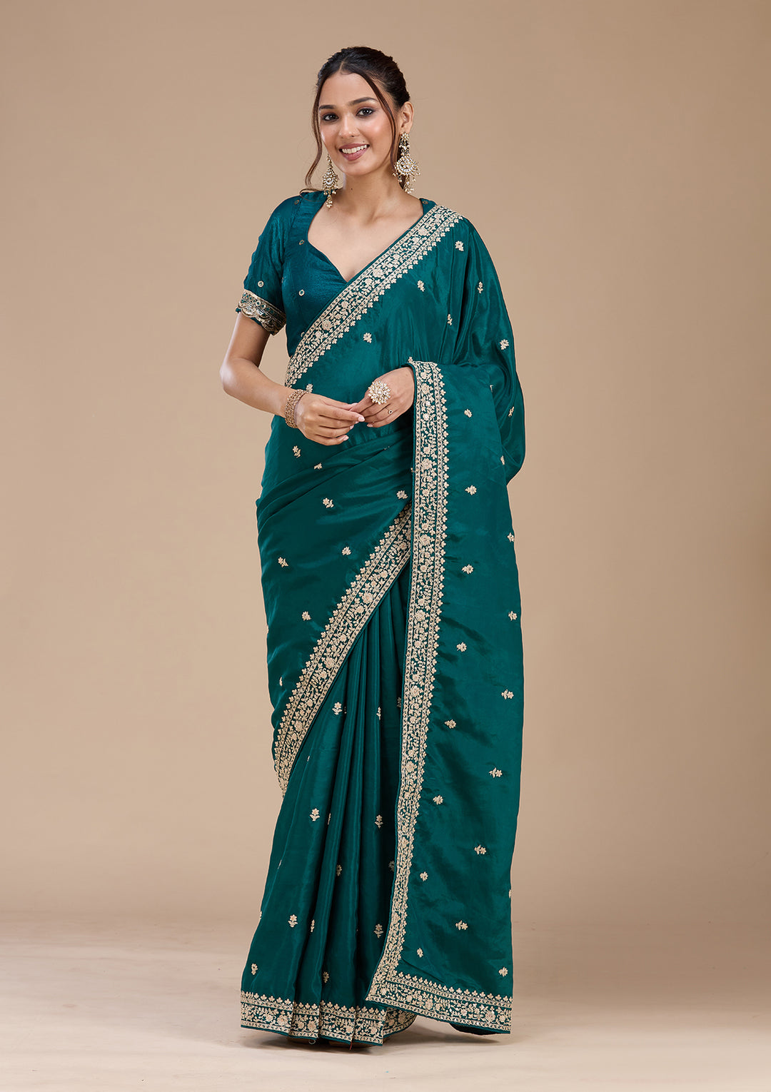 Rama Green Satin Cording Saree With Matching Blouse Piece
