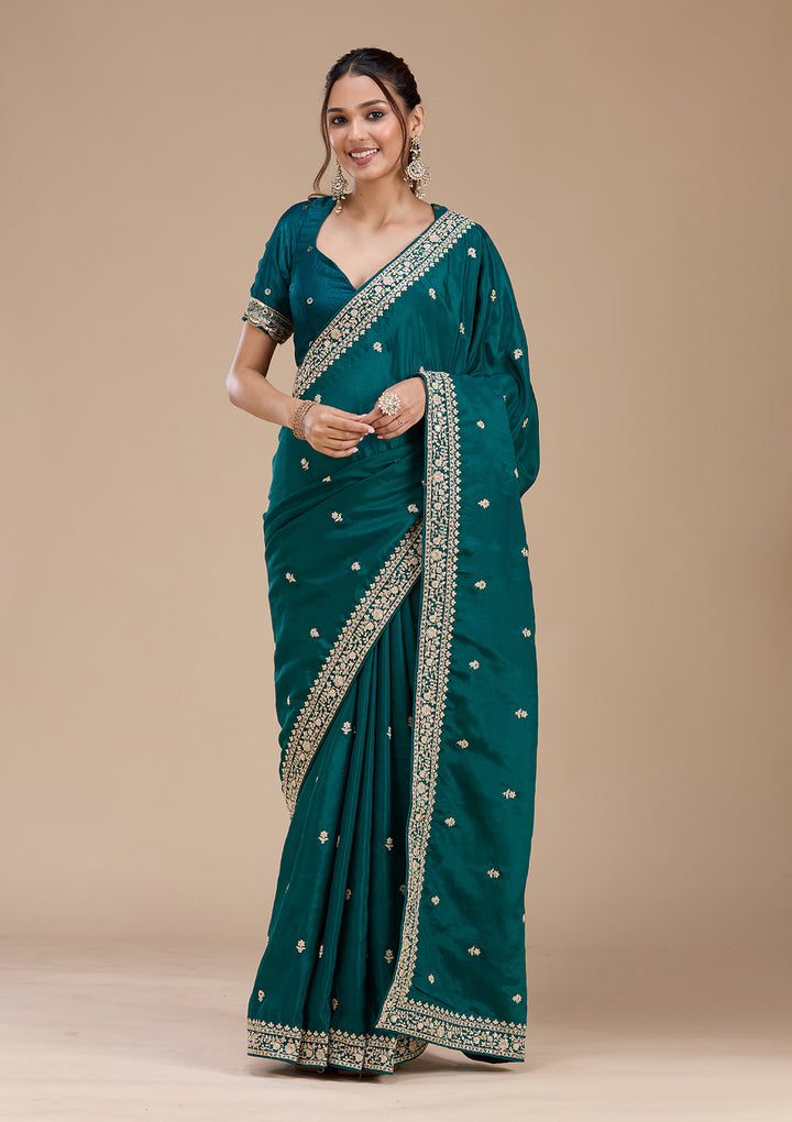 Rama Green Satin Cording Saree With Matching Blouse Piece