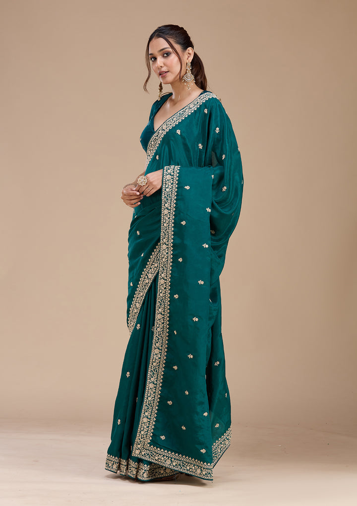 Rama Green Satin Cording Saree With Matching Blouse Piece