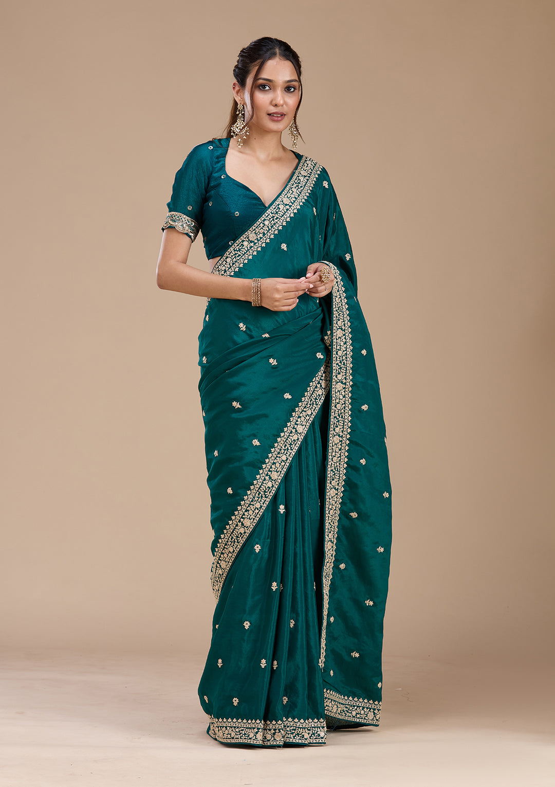 Rama Green Satin Cording Saree With Matching Blouse Piece
