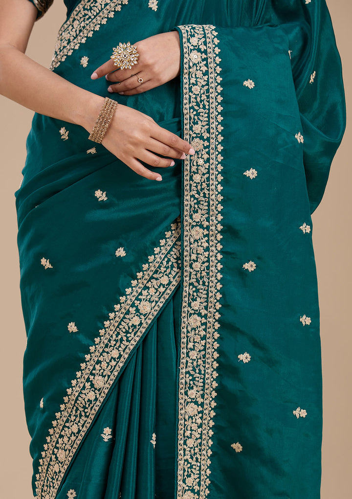Rama Green Satin Cording Saree With Matching Blouse Piece