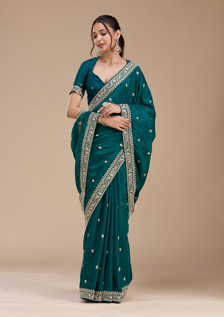 Rama Green Satin Cording Saree With Matching Blouse Piece