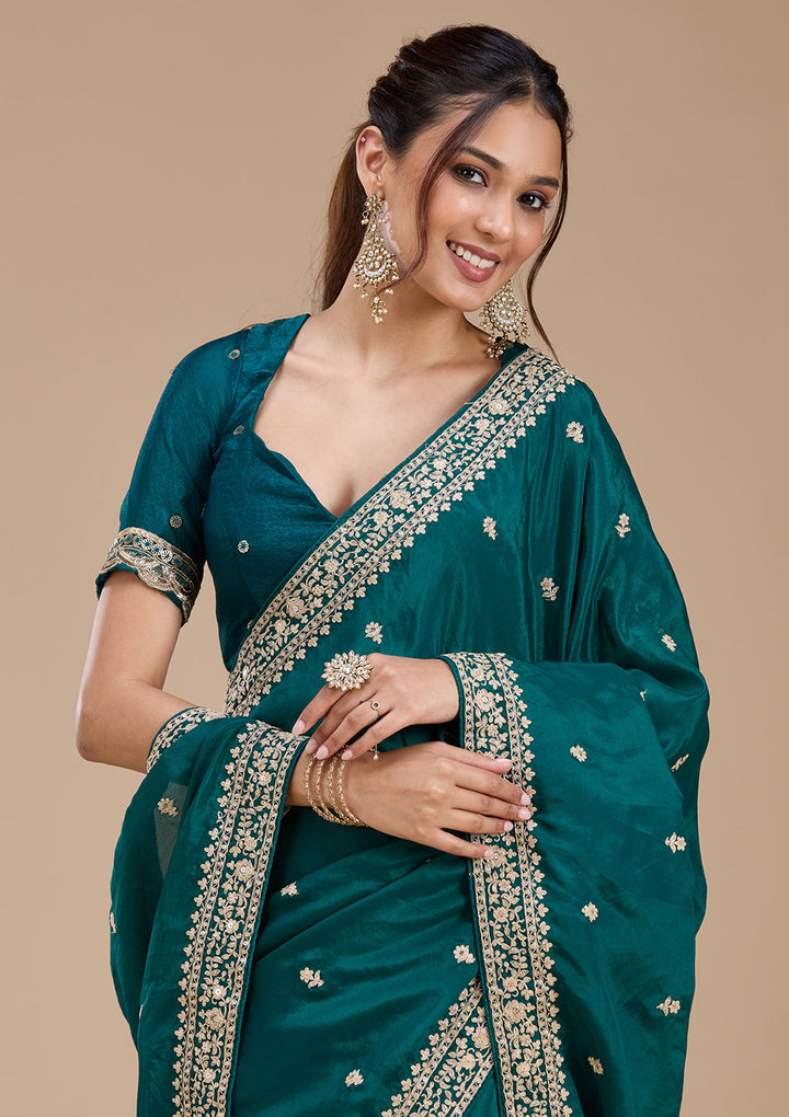 Rama Green Satin Cording Saree With Matching Blouse Piece