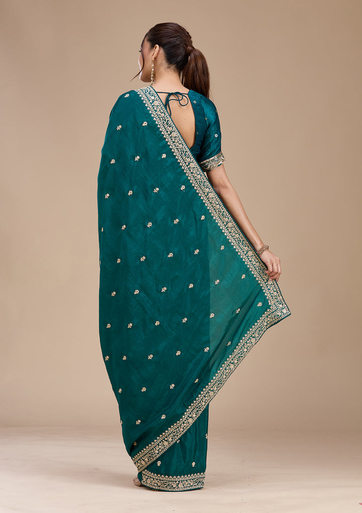 Rama Green Satin Cording Saree With Matching Blouse Piece